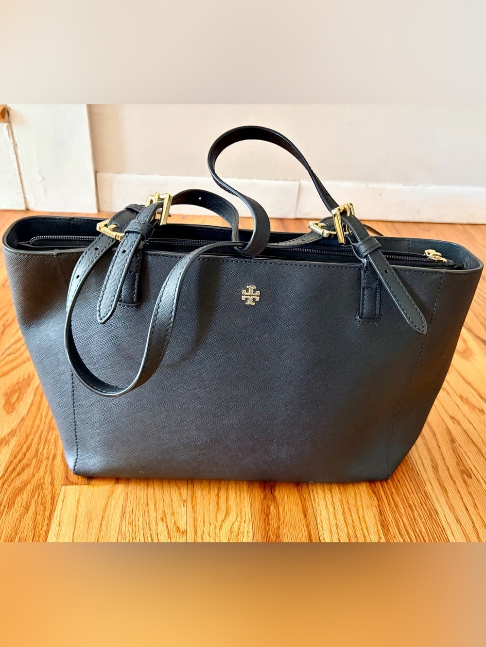 Tory Burch York Buckle Black Leather Tote with Gold Logo Hardware